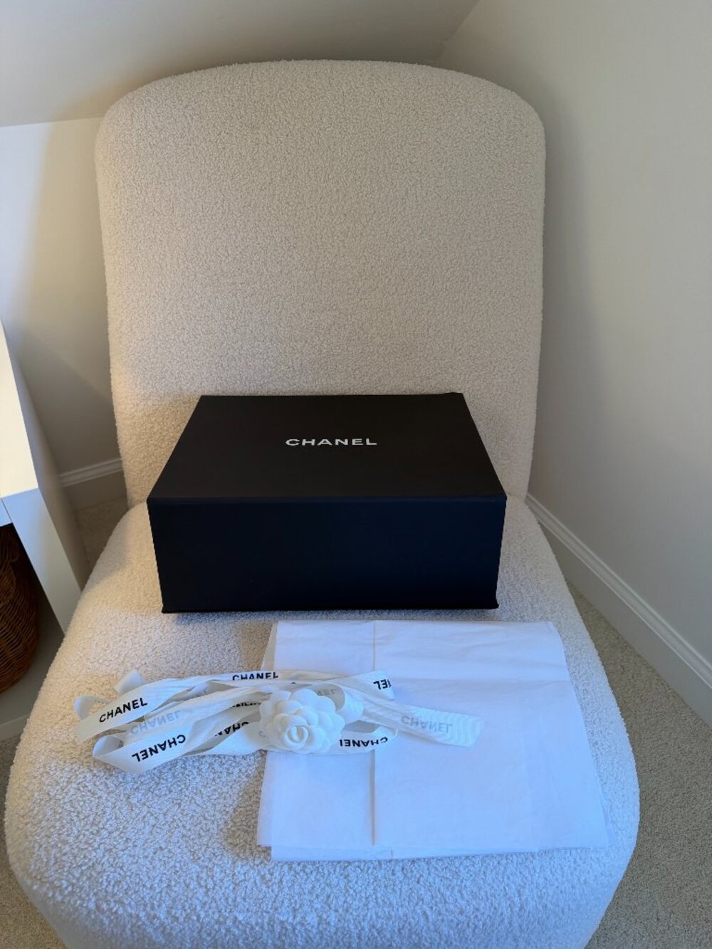 Authentic Chanel Gift Box with Tissue Paper, Ribbon, & Flower